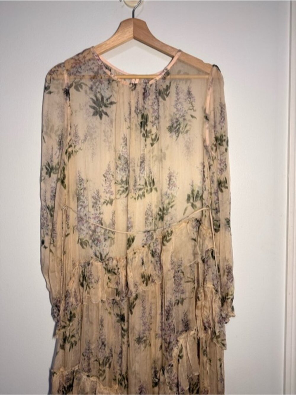 100% Silk Ethereal Floral Ruffled Sheer Dress size L - Picture 4 of 7